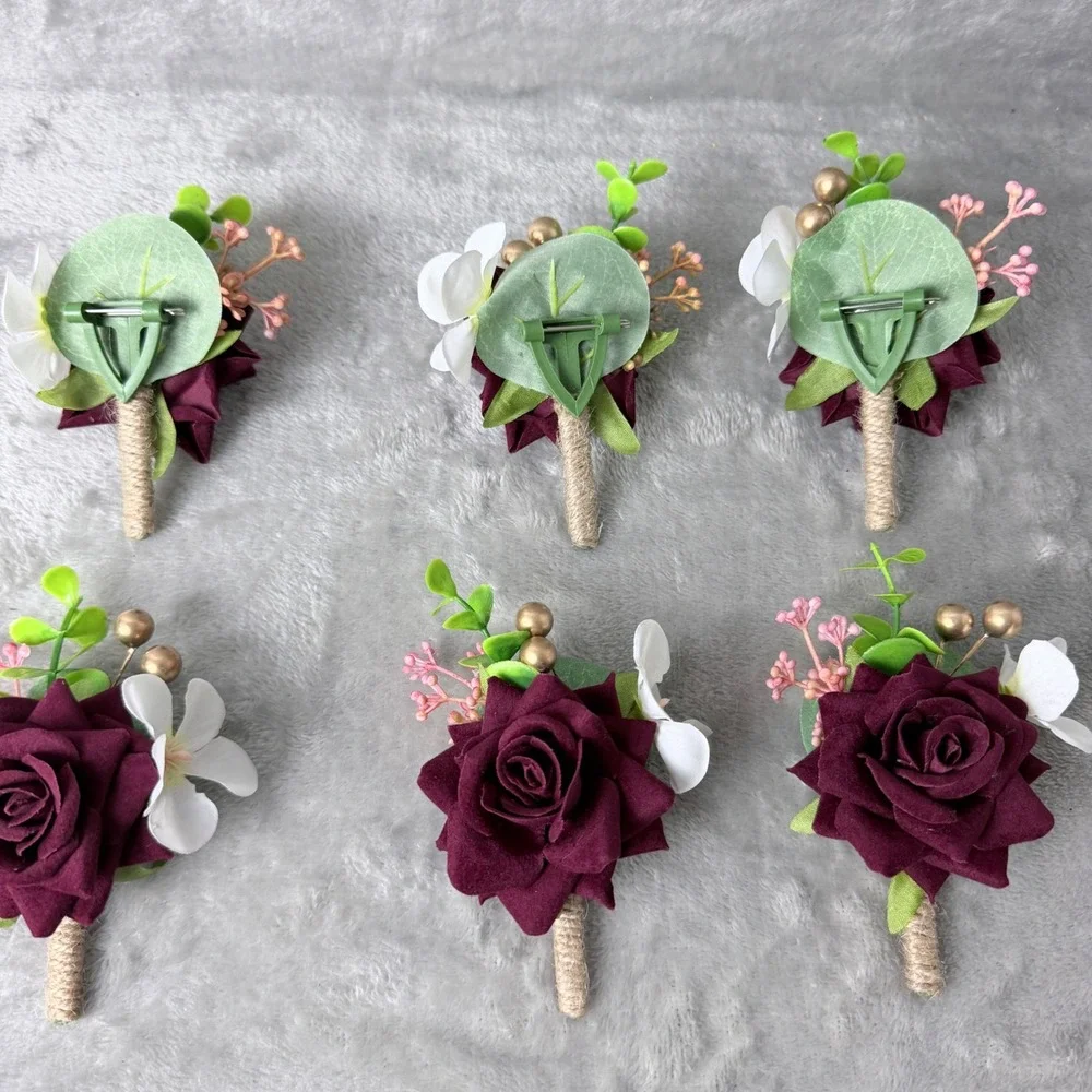 Boutonnière 6pc Burgundy Rose Gold Accents Rustic Wedding Formal Floral Groom
